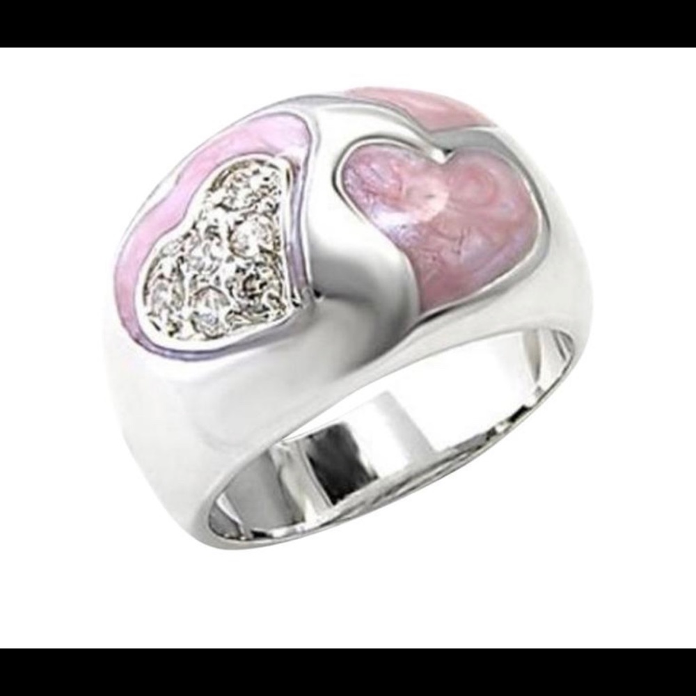 New  Pink Rhodium Plated Enamel & Clear Cz Heart Ring. Size 8